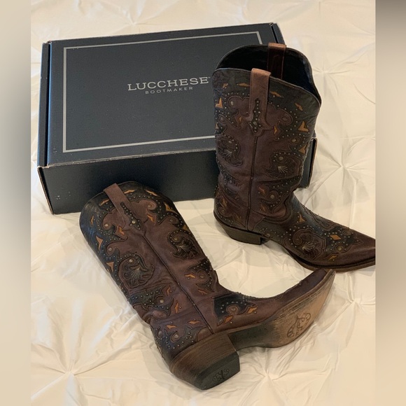 Lucchese Dark Brown Cowboy Boots with Intricate Patterns. - Picture 8 of 8